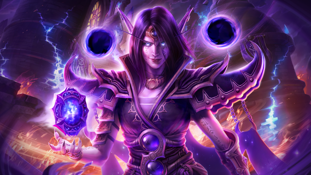 World of Warcraft Artwork: Xal'atath zaubert eine Leerenkugel und ist umgeben von magischen Effekten.